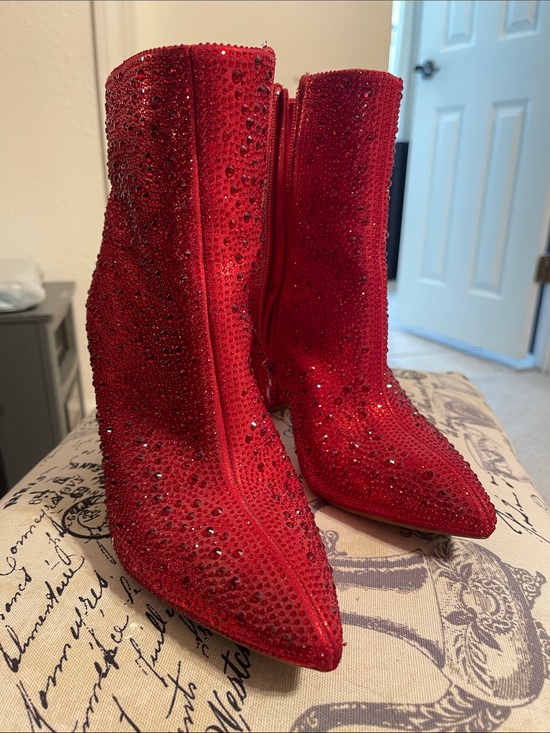 shelo Shoes - Red Crystal-Studded Pointed Ankle Boots